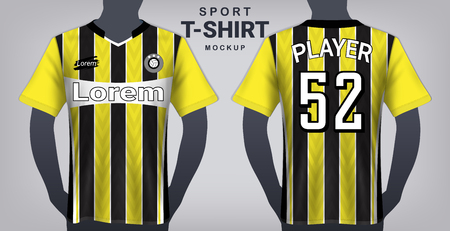 Soccer Jersey and Sportswear T-Shirt Mockup Template, Realistic Graphic Design Front and Back View for Football Kit Uniforms, Easy Possibility to Apply Your Artwork, Textのイラスト素材