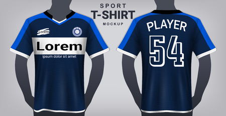 Soccer Jersey and Sportswear T-Shirt Mockup Template, Realistic Graphic Design Front and Back View for Football Kit Uniforms, Easy Possibility to Apply Your Artwork, Textのイラスト素材