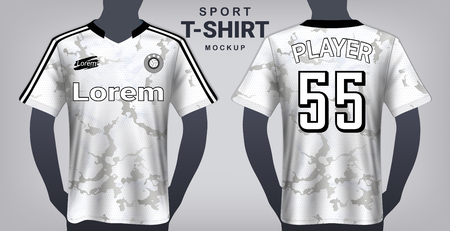Soccer Jersey and Sportswear T-Shirt Mockup Template, Realistic Graphic Design Front and Back View for Football Kit Uniforms, Easy Possibility to Apply Your Artwork, Textのイラスト素材