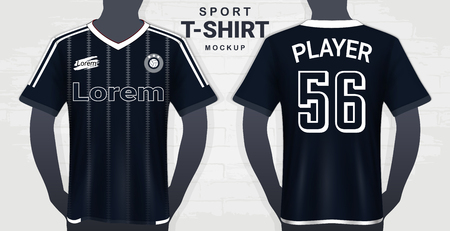 Soccer Jersey and Sportswear T-Shirt Mockup Template, Realistic Graphic Design Front and Back View for Football Kit Uniforms, Easy Possibility to Apply Your Artwork, Textのイラスト素材