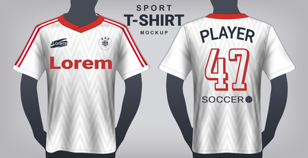 Soccer Jersey and Sportswear T-Shirt Mockup Template, Realistic Graphic Design Front and Back View for Football Kit Uniforms, Easy Possibility to Apply Your Artwork, Textのイラスト素材