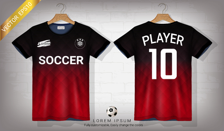 Soccer jersey and t-shirt sport mockup template, Graphic design for football kit or activewear uniforms, Ready for customize design and name, Easily to change colors and lettering styles in your team.のイラスト素材