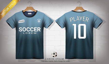 Soccer jersey and t-shirt sport mockup template, Graphic design for football kit or activewear uniforms, Ready for customize design and name, Easily to change colors and lettering styles in your team.のイラスト素材