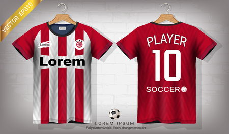 Soccer jersey and t-shirt sport mockup template, Graphic design for football kit or activewear uniforms, Ready for customize design and name, Easily to change colors and lettering styles in your team.のイラスト素材