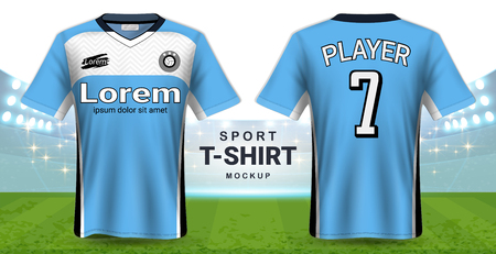 Soccer Jersey and Sportswear T-Shirt Mockup Template, Realistic Graphic Design Front and Back View for Football Kit Uniforms, Easy Possibility to Apply Your Artwork, Text, Image.のイラスト素材