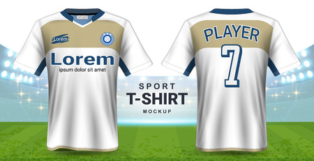 Soccer jersey and t-shirt sport mockup template, Graphic design for football kit or activewear uniforms, Ready for customize design and name, Easily to change colors and lettering styles in your team.のイラスト素材