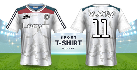 Soccer Jersey and Sportswear T-Shirt Mockup Template, Realistic Graphic Design Front and Back View for Football Kit Uniforms, Easy Possibility to Apply Your Artwork, Text, Image.のイラスト素材