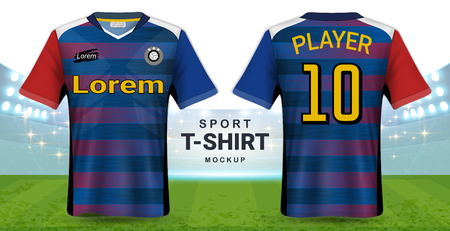 Soccer Jersey and Sportswear T-Shirt Mockup Template, Realistic Graphic Design Front and Back View for Football Kit Uniforms, Easy Possibility to Apply Your Artwork, Text, Image.のイラスト素材