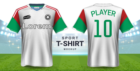Soccer Jersey and Sportswear T-Shirt Mockup Template, Realistic Graphic Design Front and Back View for Football Kit Uniforms, Easy Possibility to Apply Your Artwork, Text, Image.のイラスト素材