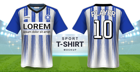 Soccer Jersey and Sportswear T-Shirt Mockup Template, Realistic Graphic Design Front and Back View for Football Kit Uniforms, Easy Possibility to Apply Your Artwork, Text, Image.のイラスト素材
