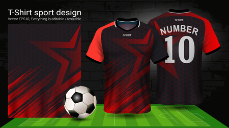 Soccer jersey and t-shirt sport mockup template, Graphic design for football kit or activewear uniforms, Ready for customize design and name, Easily to change colors and lettering styles in your team.のイラスト素材
