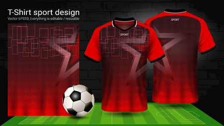 Soccer jersey and t-shirt sport mockup template, Graphic design for football kit or activewear uniforms, Ready for customize design and name, Easily to change colors and lettering styles in your team.のイラスト素材