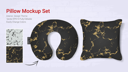 Realistic travel neck pillows mockup template and cover cushion case, Printable graphic for Home decorative theme design with marble golden texture (set template, Fully editable color change)のイラスト素材