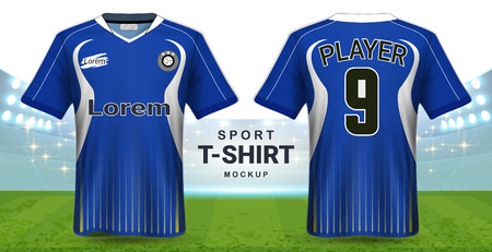 Soccer Jersey and Sportswear T-Shirt Mockup Template, Realistic Graphic Design Front and Back View for Football Kit Uniforms, Easy Possibility to Apply Your Artwork, Text, Image.のイラスト素材