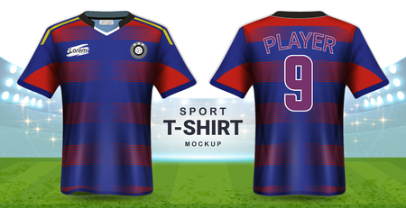 Soccer Jersey and Sportswear T-Shirt Mockup Template, Realistic Graphic Design Front and Back View for Football Kit Uniforms, Easy Possibility to Apply Your Artwork, Text, Image .のイラスト素材