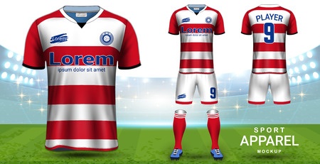 Soccer Jersey and Football Kit (Short Sleeve) Presentation Mockup Template, Front and Back View Including Sportswear Uniform, Shorts and Socks and it is Fully Customization for Fantasy Ideas Concept.のイラスト素材