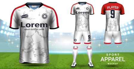Soccer Jersey and Football Kit (Short Sleeve) Presentation Mockup Template, Front and Back View Including Sportswear Uniform, Shorts and Socks and it is Fully Customization for Fantasy Ideas Concept.のイラスト素材