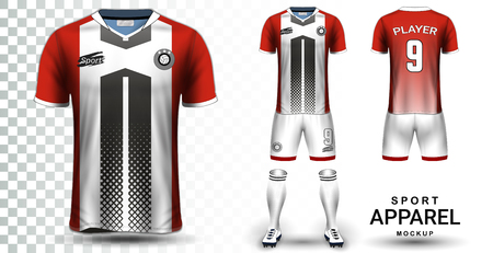 Soccer Jersey and Football Kit Presentation Mockup Template, Front and Back View Including Sportswear Uniform, Shorts and Socks and it is Fully Customization Isolated on Transparent Background.のイラスト素材