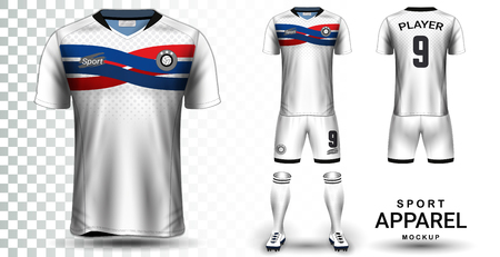 Soccer Jersey and Football Kit Presentation Mockup Template, Front and Back View Including Sportswear Uniform, Shorts and Socks and it is Fully Customization Isolated on Transparent Background.のイラスト素材