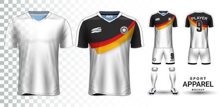 Soccer Jersey and Football Kit Presentation Mockup, The T-shirt Front and Back View and it is Fully Customization Isolated on Transparent Background, Can be used as a template with your own design.のイラスト素材