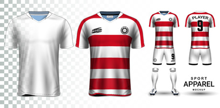 Soccer Jersey and Football Kit Presentation Mockup, The T-shirt Front and Back View and it is Fully Customization Isolated on Transparent Background, Can be used as a template with your own design.のイラスト素材
