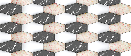 3D rendering of hexagon panels, Material black and brown marble with white ceramic elements for your project or interior design decorative tile, High quality seamless realistic texture background.の写真素材