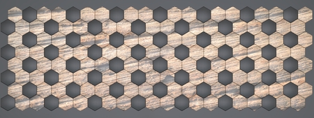 3D rendering of hexagon wall panels, Material black plastic with old wood for your project or interior design decorative tile, High quality seamless realistic texture background.の写真素材