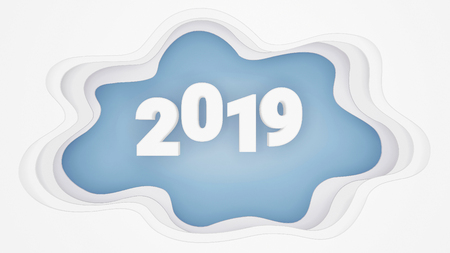 Paper art style of happy new year 2019, Text design on a blue background with copy space, Easy to use by print a special offer or add your own, images, and text, whatever you want, 3D rendering.の写真素材