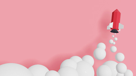 Rocket launch in the sky on a pink background with copy space, Easy to use by print a special offer or add your own, images, and text, whatever you want, Paper art style, 3D rendering design.の写真素材