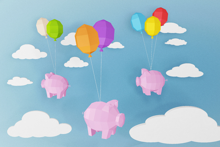 Happy new year 2019, Pig and balloons with cloud, Paper cut art and craft style on a blue background, Create your own personalized greeting cards for any special occasions, 3D rendering design.の写真素材