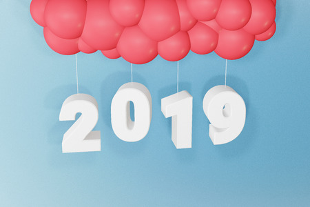 Happy new year 2019, Text design and balloons on a blue background with copy space, Create custom greeting cards given on special occasions such as Christmas or other holidays, 3D rendering.の写真素材