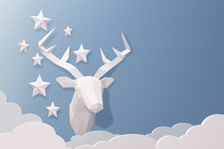 Paper art style of deer head, Animal Craft on a blue background with copy space, Create custom greeting cards given on special occasions such as birthdays, Christmas or other holidays, 3D rendering.の写真素材