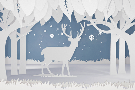 Paper art and craft style of Deer in the forest with copy space, Create custom greeting cards given on special occasions such as Happy new year, Christmas or other holidays, 3D rendering desigの写真素材