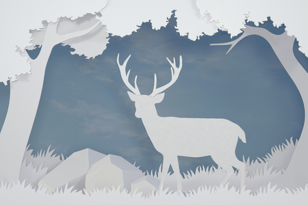 Paper art and craft style of Deer in the forest with copy space, Create custom greeting cards given on special occasions such as Happy new year, Christmas or other holidays, 3D rendering design.の写真素材