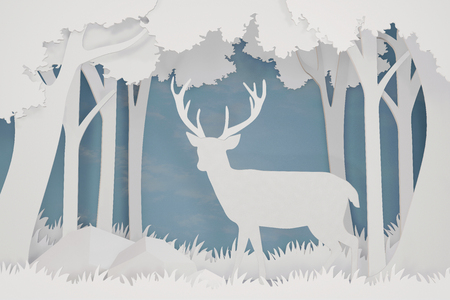 Paper art and craft style of Deer in the forest with copy space, Create custom greeting cards given on special occasions such as Happy new year, Christmas or other holidays, 3D rendering design.の写真素材