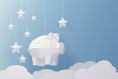 Paper art and craft style of low Poly Pig Model with copy space, Create custom greeting cards given on special occasions such as Happy new year, Christmas or other holidays, 3D rendering design.の写真素材