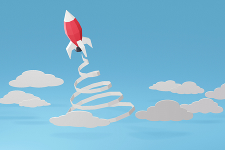 Paper art style of Rocket launch in the sky on a blue background with copy space, Create your own personalized greeting cards for any special occasions, 3D rendering and minimal concept design.の写真素材