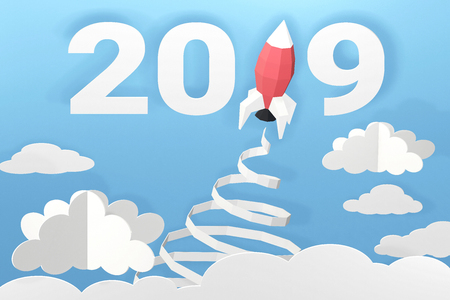 Paper art style of Happy new year 2019 with Rocket launch in the sky, Create your own personalized greeting cards for any special occasions, 3D rendering and minimal concept design.の写真素材
