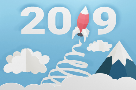 Paper art style of Happy new year 2019 with Rocket launch in the sky, Create your own personalized greeting cards for any special occasions, 3D rendering and minimal concept design.の写真素材