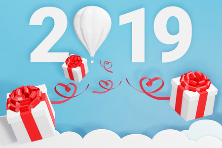 Paper art style of Happy new year 2019 and balloon scatter gift box in the sky, Create custom greeting cards given on special occasions such as Happy new year or valentine day, 3D rendering design.の写真素材