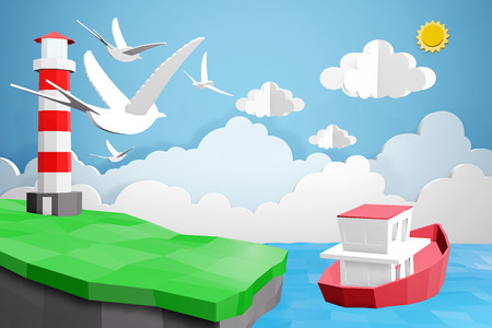 Paper art style of Lighthouse and Boat is sailing in the sea under the sunlight, Origami summer time and travel concept, Easy to use by print a special offer or whatever you want, 3D rendering design.の写真素材
