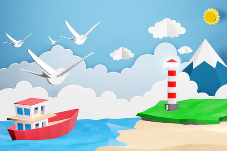 Paper art style of Lighthouse and Boat is sailing in the sea under the sunlight, Origami summer time and travel concept, Easy to use by print a special offer or whatever you want, 3D rendering design.の写真素材