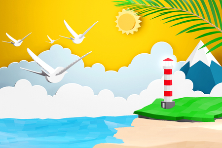 Paper art style of Sea with beach and Lighthouse under the sunlight, Origami summer time and travel concept, Easy to use by print a special offer or whatever you want, 3D rendering design.の写真素材