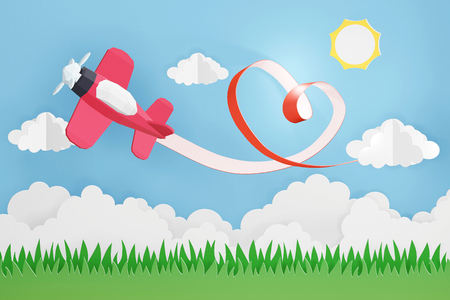 Paper art style of Heart ribbon with Pink plane flying in the sky, Romantic, sweet, cute, Perfect Valentineâs Day Cards for the loved ones in your life, 3D rendering design.の写真素材