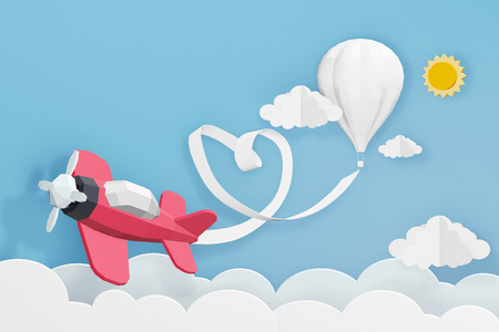 Paper art style of Heart ribbon with Pink plane flying in the sky, Romantic, sweet, cute, Perfect Valentineâs Day Cards for the loved ones in your life, 3D rendering design.の写真素材