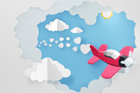 Paper art style of Heart shaped cloud with Pink plane flying in the sky, Romantic, sweet, cute, Perfect Valentineâs Day Cards for the loved ones in your life, 3D rendering design.の写真素材