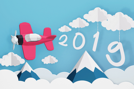 Paper art style of 2019 hang with cloud and Pink plane flying over mountain in the blue sky, Romantic, sweet, cute, Perfect happy new year cards for the loved ones in your life, 3D rendering design.の写真素材