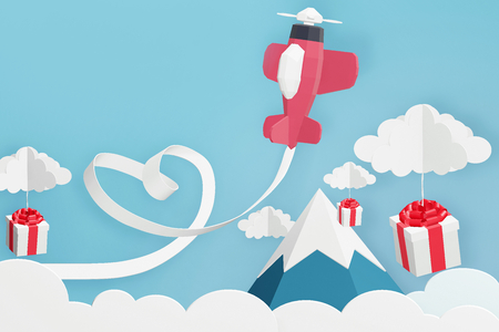 Paper art style of Big heart ribbon with pink plane flying and scatter gift box in the sky, Romantic, sweet, cute, Perfect Valentineâs Day Cards for the loved ones in your life, 3D rendering design.の写真素材