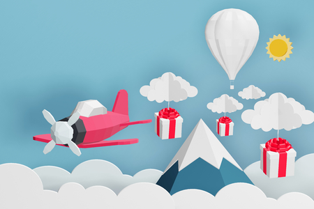 Paper art style of pink plane flying and scatter gift box in the sky, Create custom greeting cards given on special occasions such as Happy new year or valentine day, 3D rendering design.の写真素材