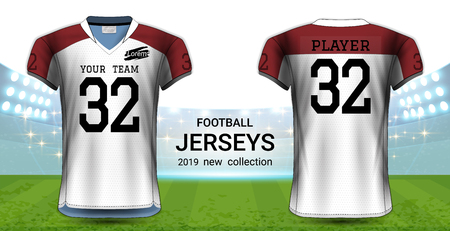 American Football or Soccer Jerseys Uniforms, Realistic Graphic Design Front and Back View for Presentation Mockup Template, Easy Possibility to Apply Your Artwork, Text, Image, Logo (Eps10 Vector)のイラスト素材